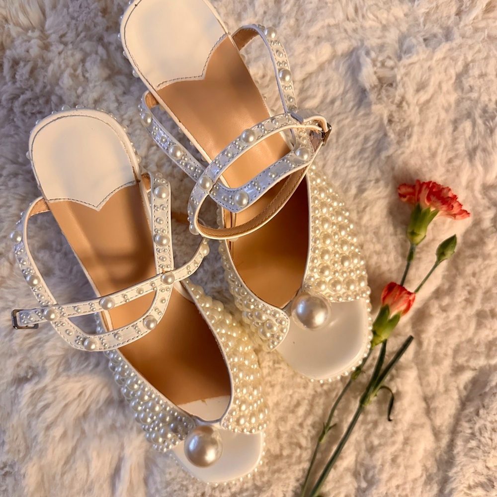 Pearl-Studded Cream Sandals